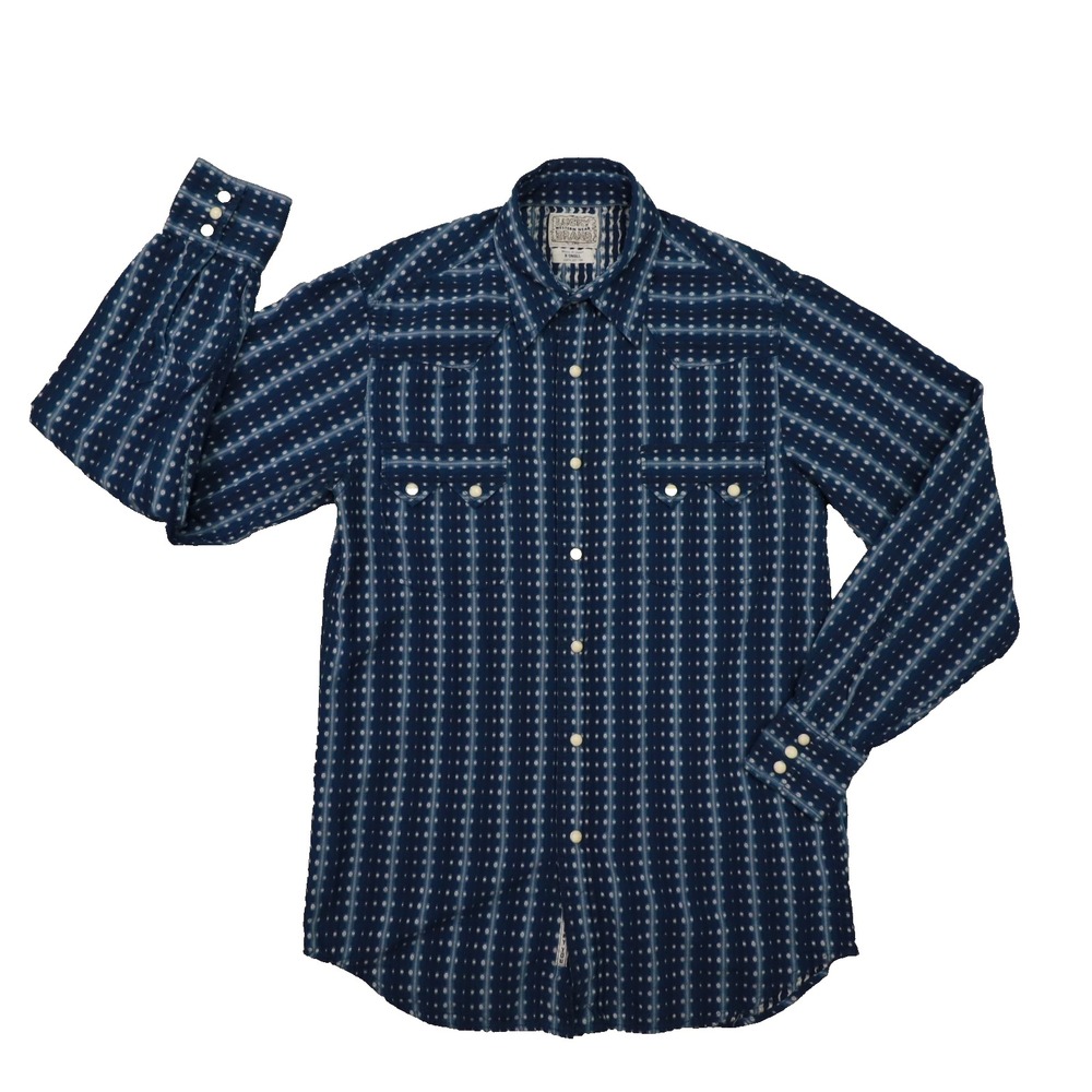 Lucky Brand Western Wear Blue Striped Pearl Snap Shirt Mens XS Boho Southwestern